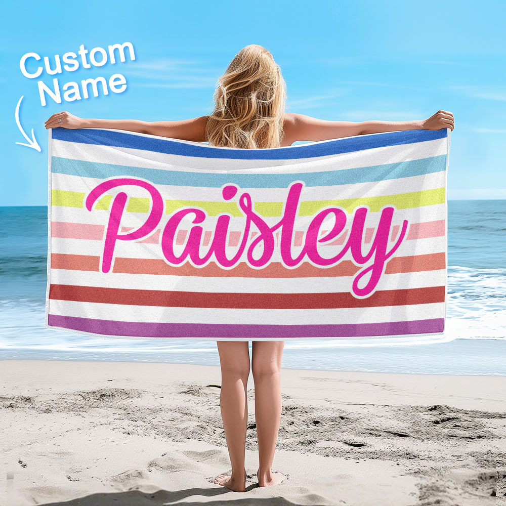 Custom Beach Towel Retro Stripe Style Personalized Name Bath Towel Pool Towel - auphotoblanket
