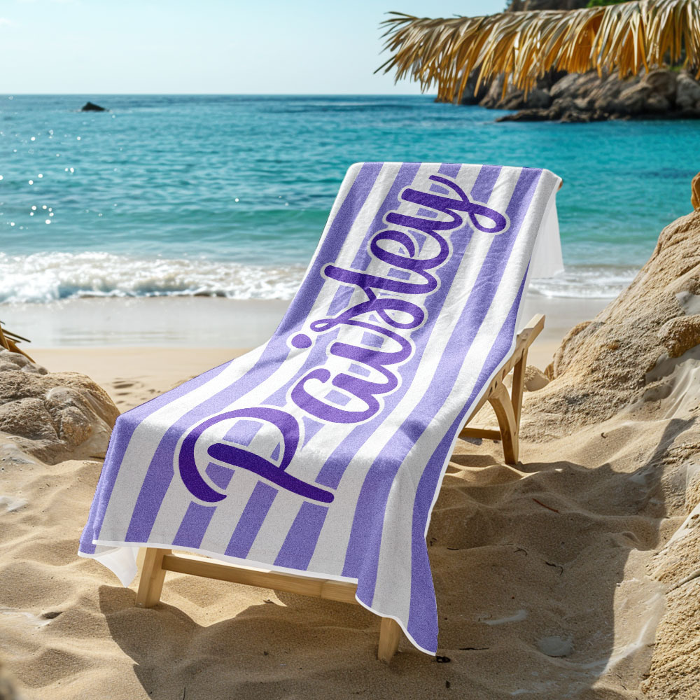 Custom Beach Towel Retro Stripe Style Personalized Name Bath Towel Pool Towel - auphotoblanket