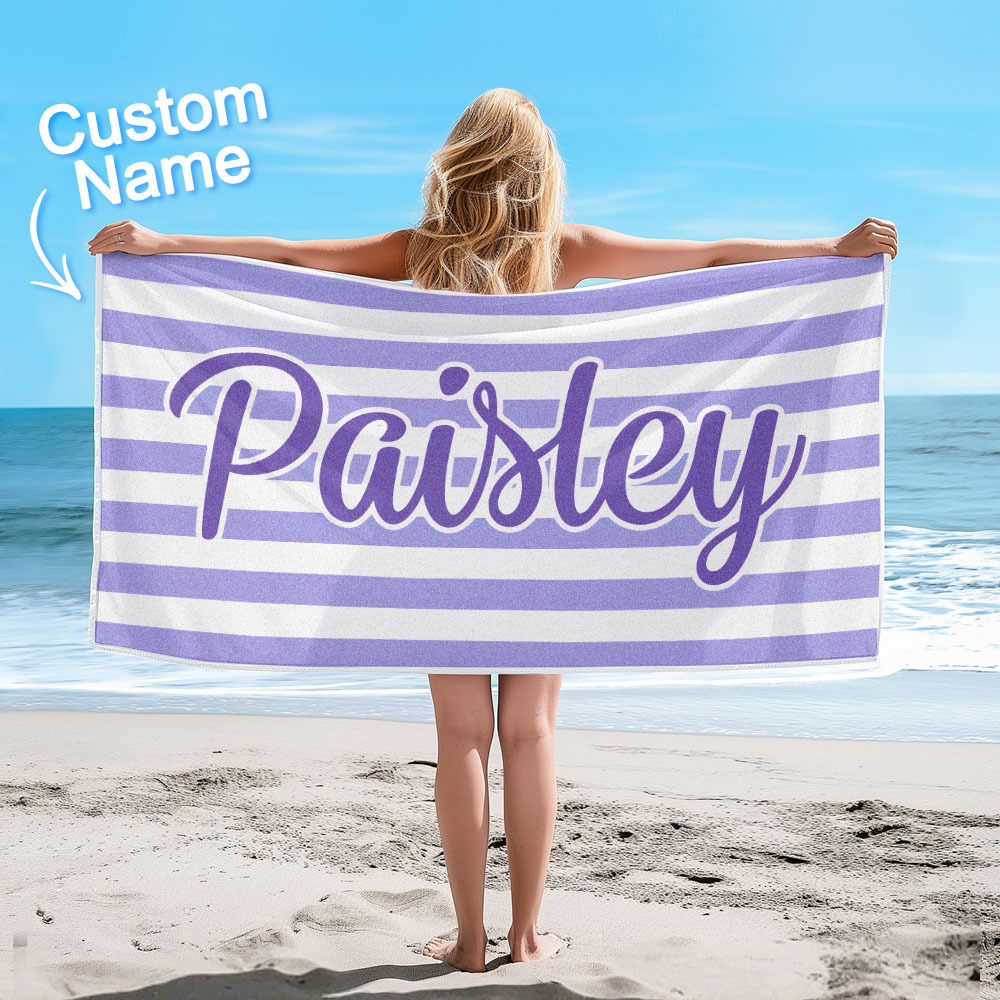 Custom Beach Towel Retro Stripe Style Personalized Name Bath Towel Pool Towel - auphotoblanket