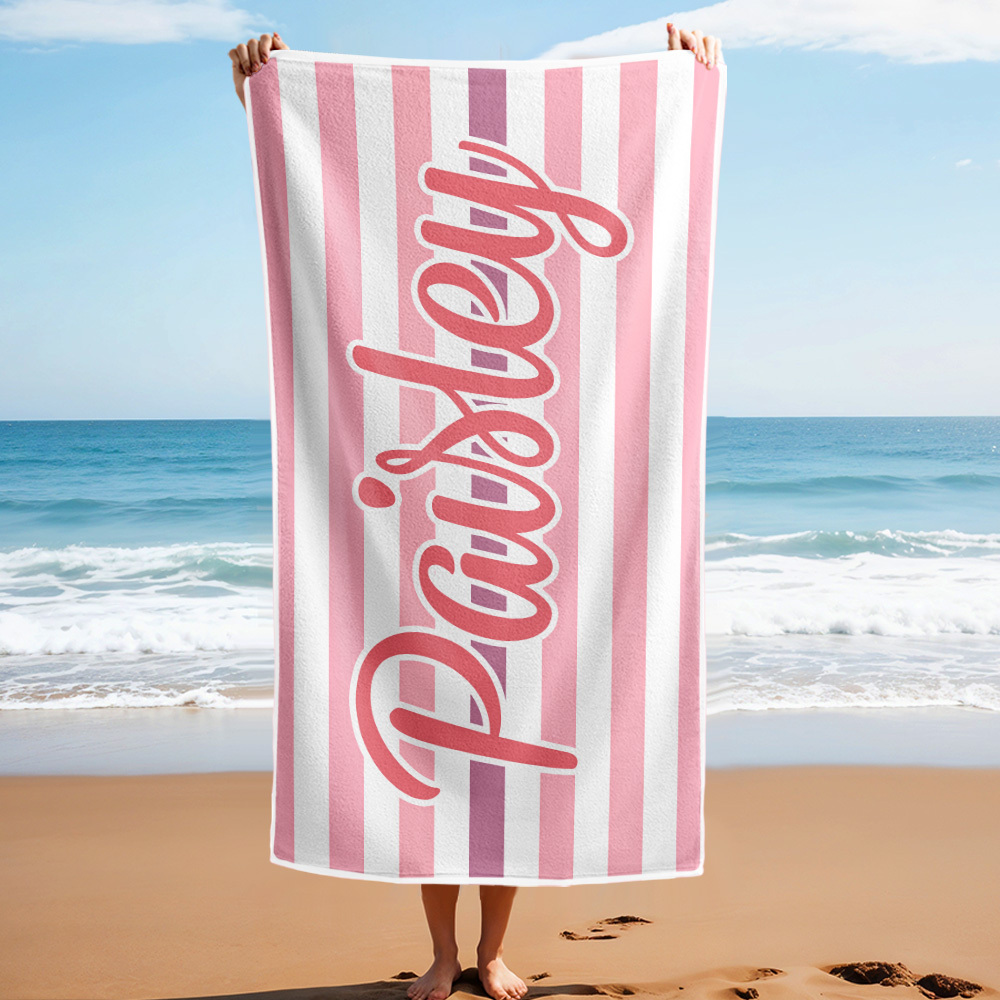 Custom Beach Towel Retro Stripe Style Personalized Name Bath Towel Pool Towel - auphotoblanket
