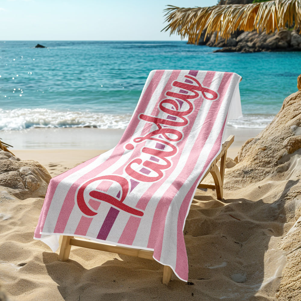 Custom Beach Towel Retro Stripe Style Personalized Name Bath Towel Pool Towel - auphotoblanket