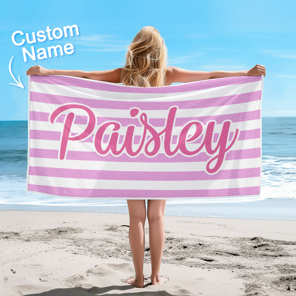 Custom Beach Towel Retro Stripe Style Personalized Name Bath Towel Pool Towel - auphotoblanket