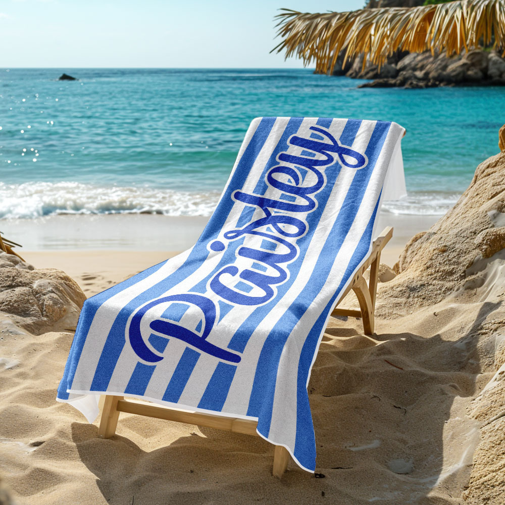 Custom Beach Towel Retro Stripe Style Personalized Name Bath Towel Pool Towel - auphotoblanket