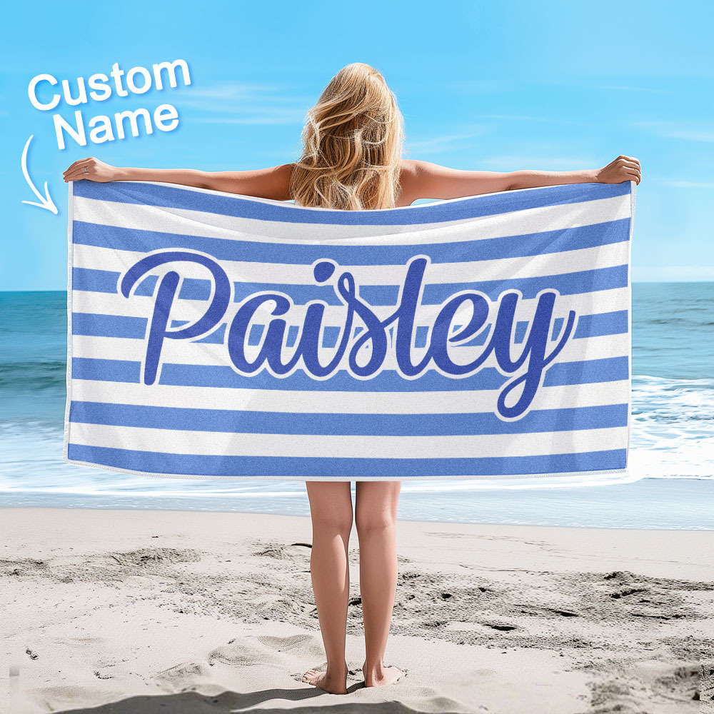 Custom Beach Towel Retro Stripe Style Personalized Name Bath Towel Pool Towel - auphotoblanket
