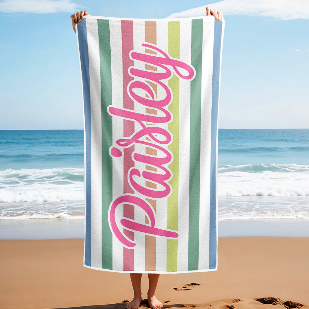 Custom Beach Towel Retro Stripe Style Personalized Name Bath Towel Pool Towel - auphotoblanket