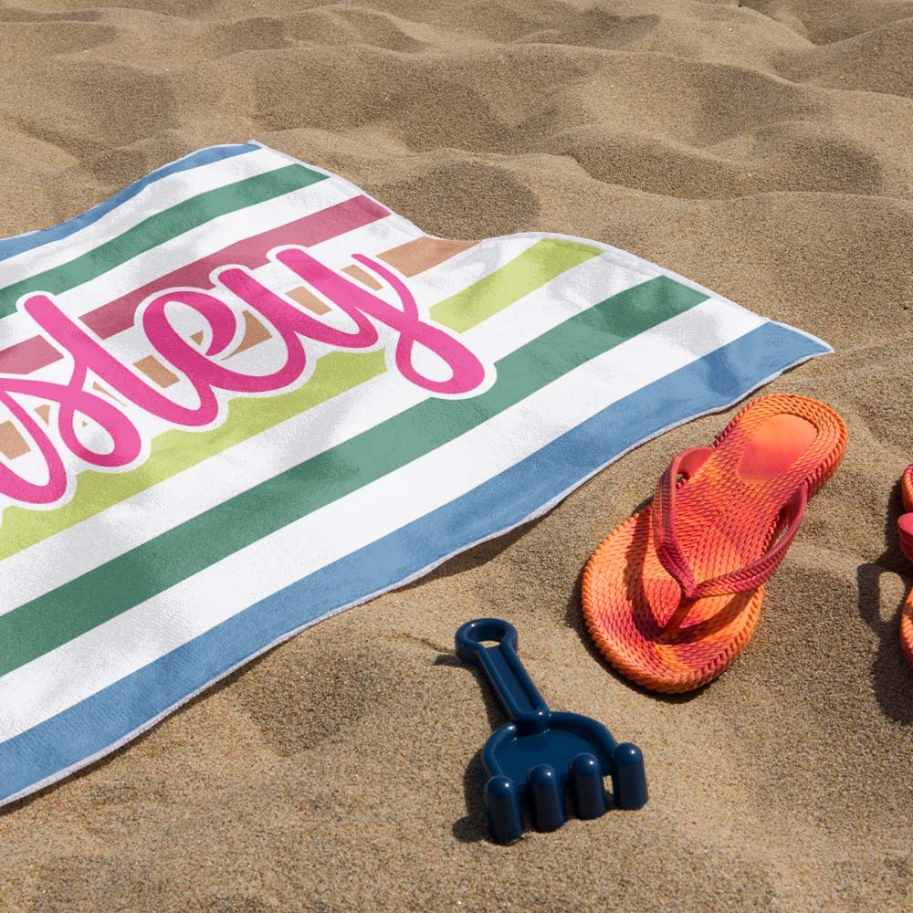 Custom Beach Towel Retro Stripe Style Personalized Name Bath Towel Pool Towel - auphotoblanket