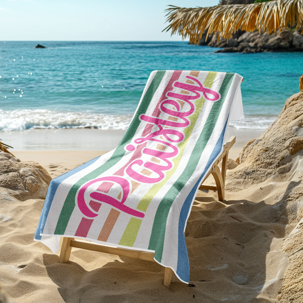 Custom Beach Towel Retro Stripe Style Personalized Name Bath Towel Pool Towel - auphotoblanket