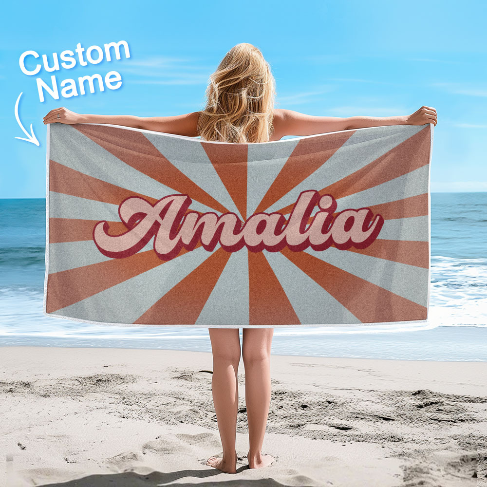 Custom Beach Towel with Name Burst Style Stripe Pattern Outside Vacation Gift - auphotoblanket