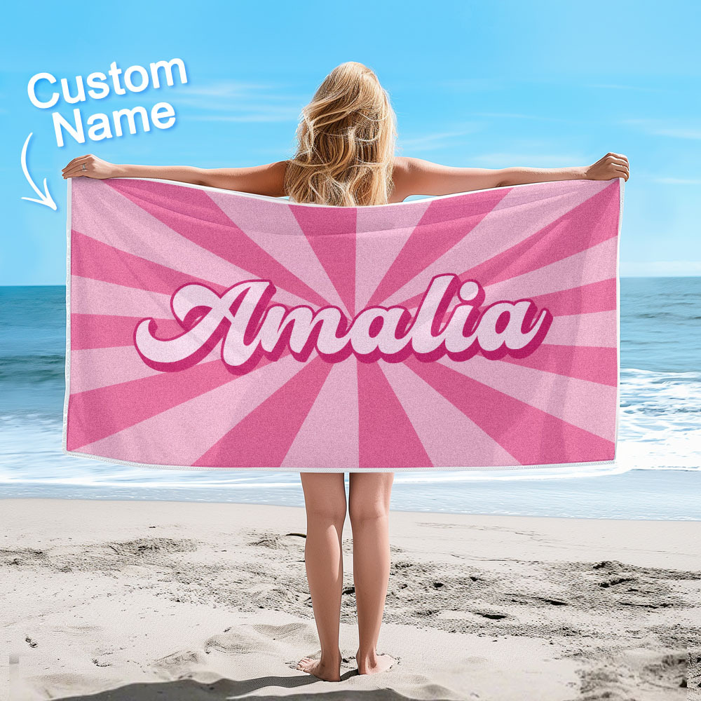 Custom Beach Towel with Name Burst Style Stripe Pattern Outside Vacation Gift - auphotoblanket