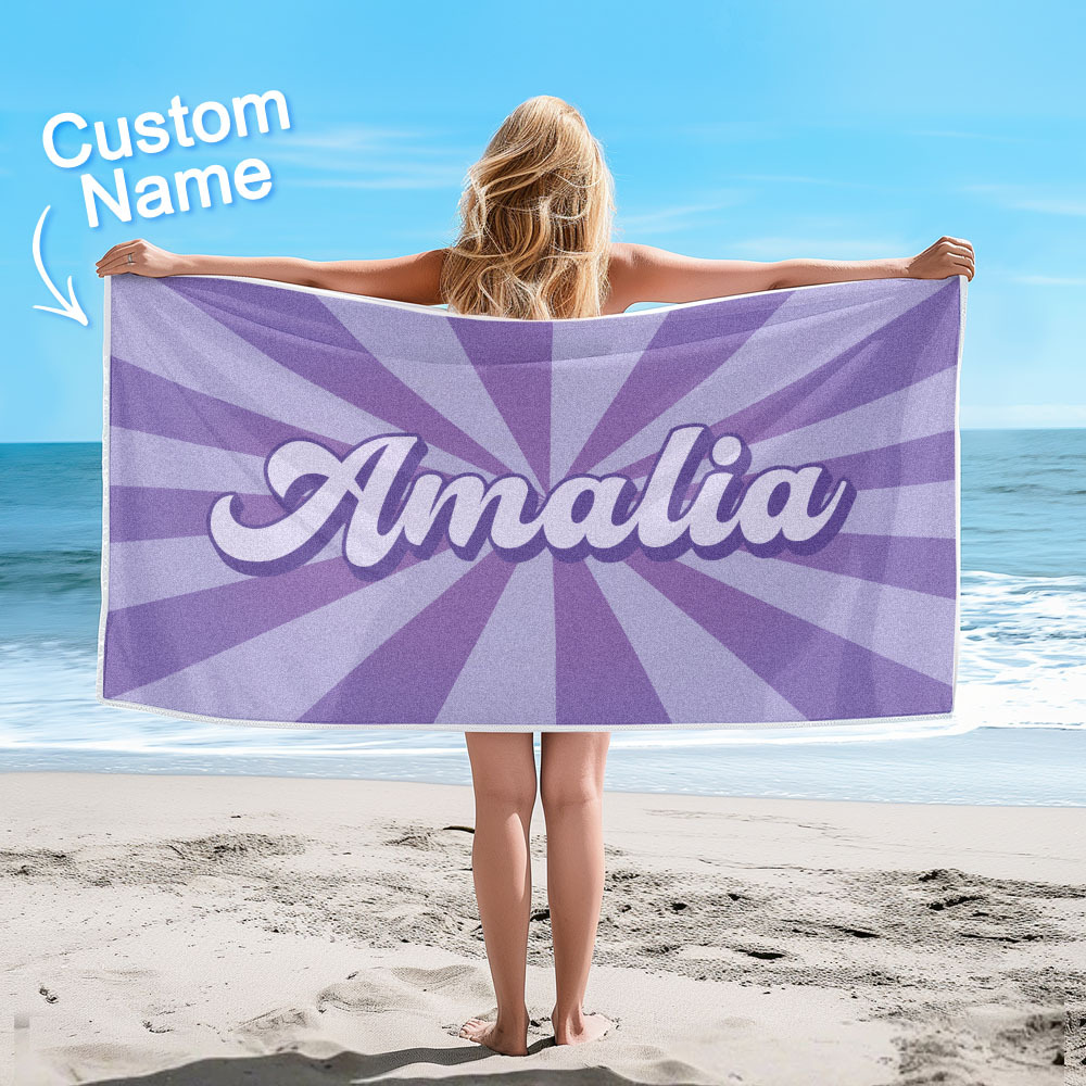 Custom Beach Towel with Name Burst Style Stripe Pattern Outside Vacation Gift - auphotoblanket