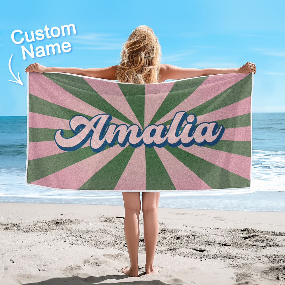Custom Beach Towel with Name Burst Style Stripe Pattern Outside Vacation Gift - auphotoblanket