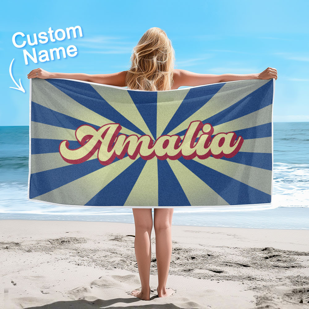 Custom Beach Towel with Name Burst Style Stripe Pattern Outside Vacation Gift - auphotoblanket