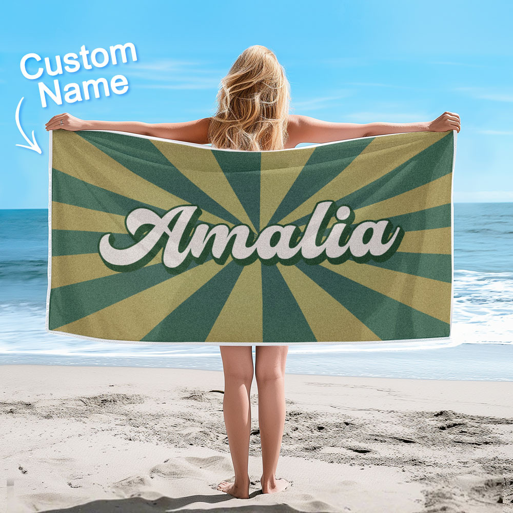 Custom Beach Towel with Name Burst Style Stripe Pattern Outside Vacation Gift - auphotoblanket