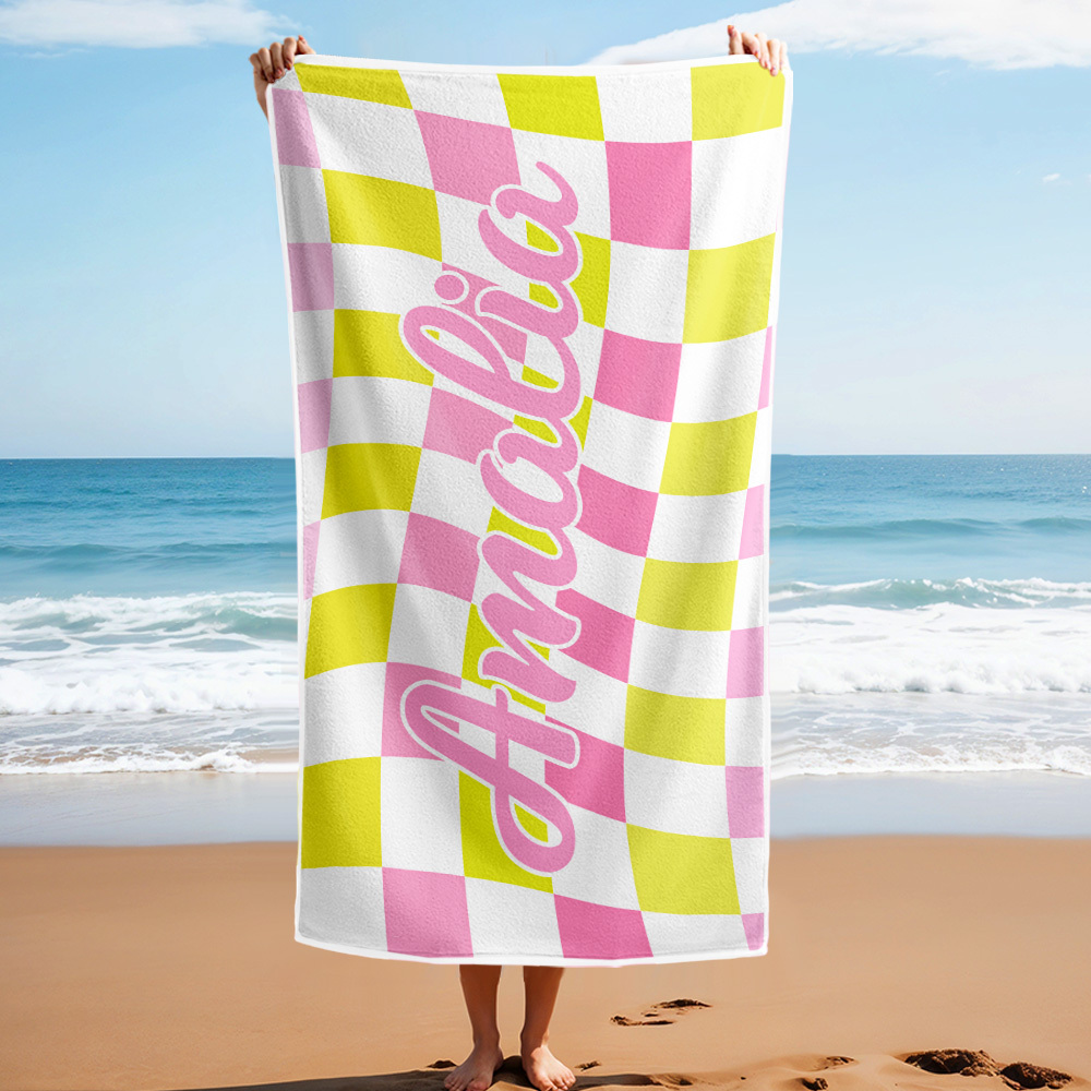 Custom Beach Towel Personalized Name Plaid Swimming Towel Summer Holiday Gift - auphotoblanket