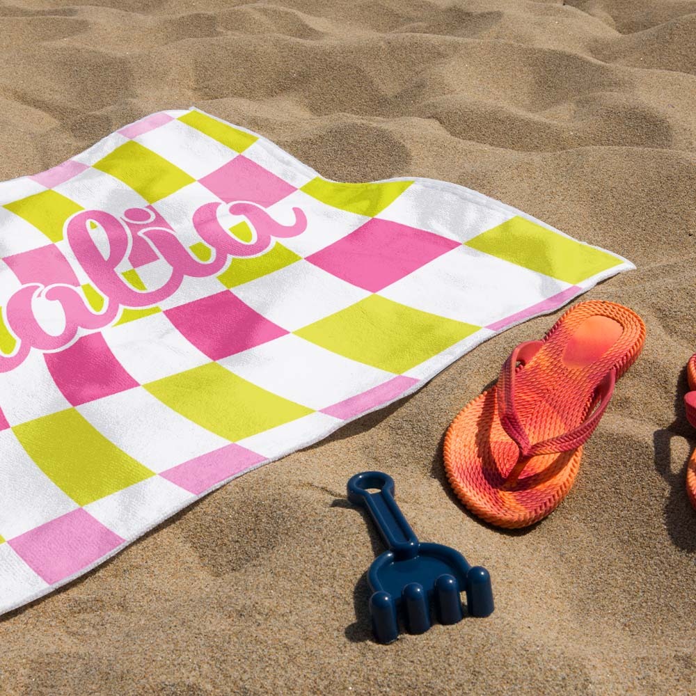 Custom Beach Towel Personalized Name Plaid Swimming Towel Summer Holiday Gift - auphotoblanket
