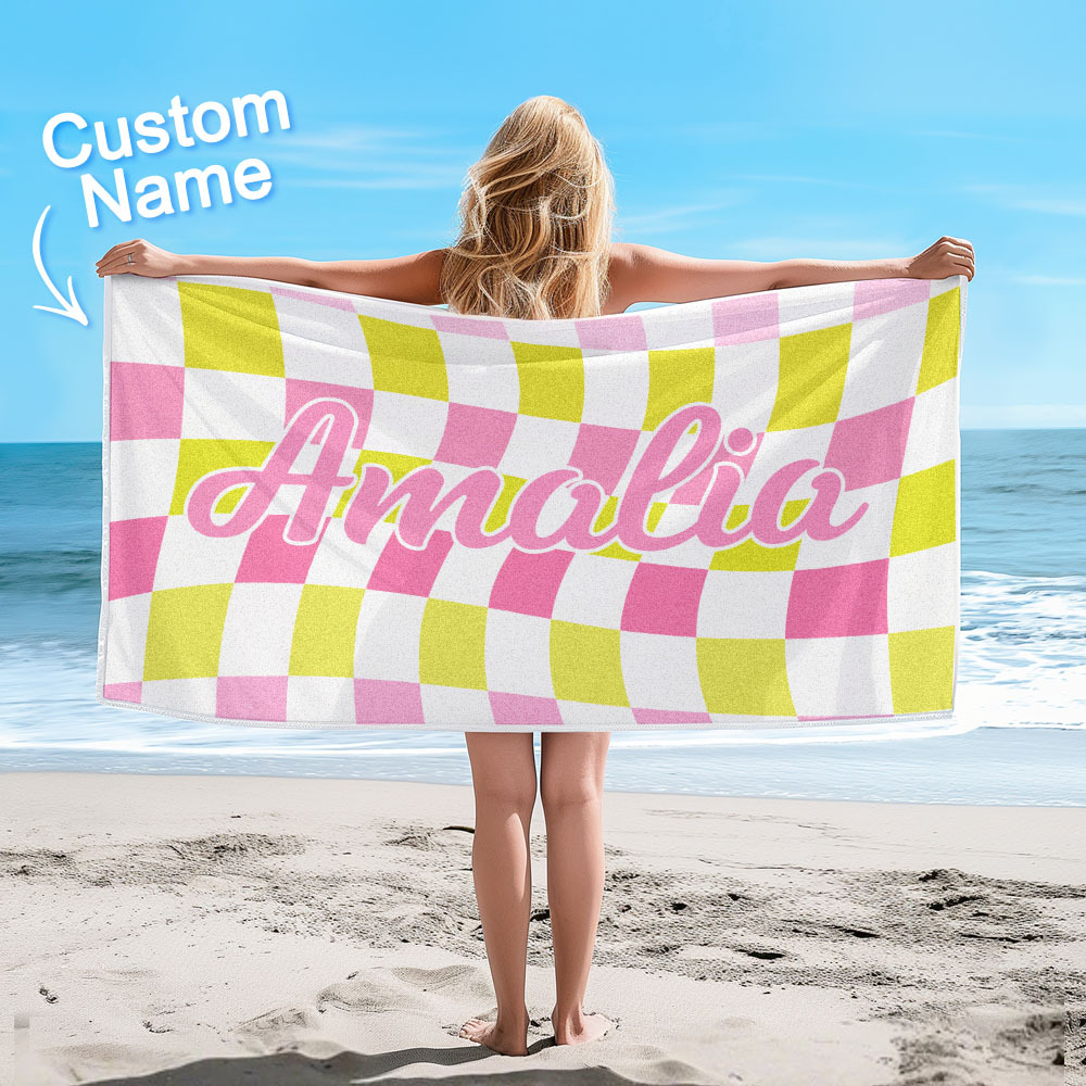 Custom Beach Towel Personalized Name Plaid Swimming Towel Summer Holiday Gift - auphotoblanket