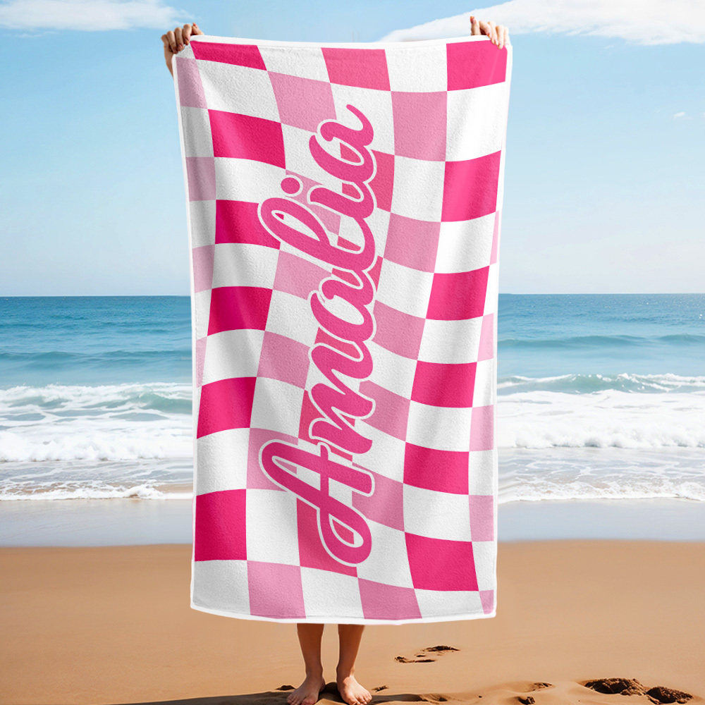 Custom Beach Towel Personalized Name Plaid Swimming Towel Summer Holiday Gift - auphotoblanket