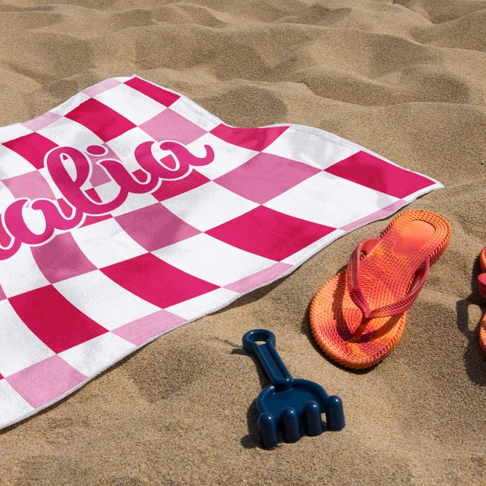 Custom Beach Towel Personalized Name Plaid Swimming Towel Summer Holiday Gift - auphotoblanket