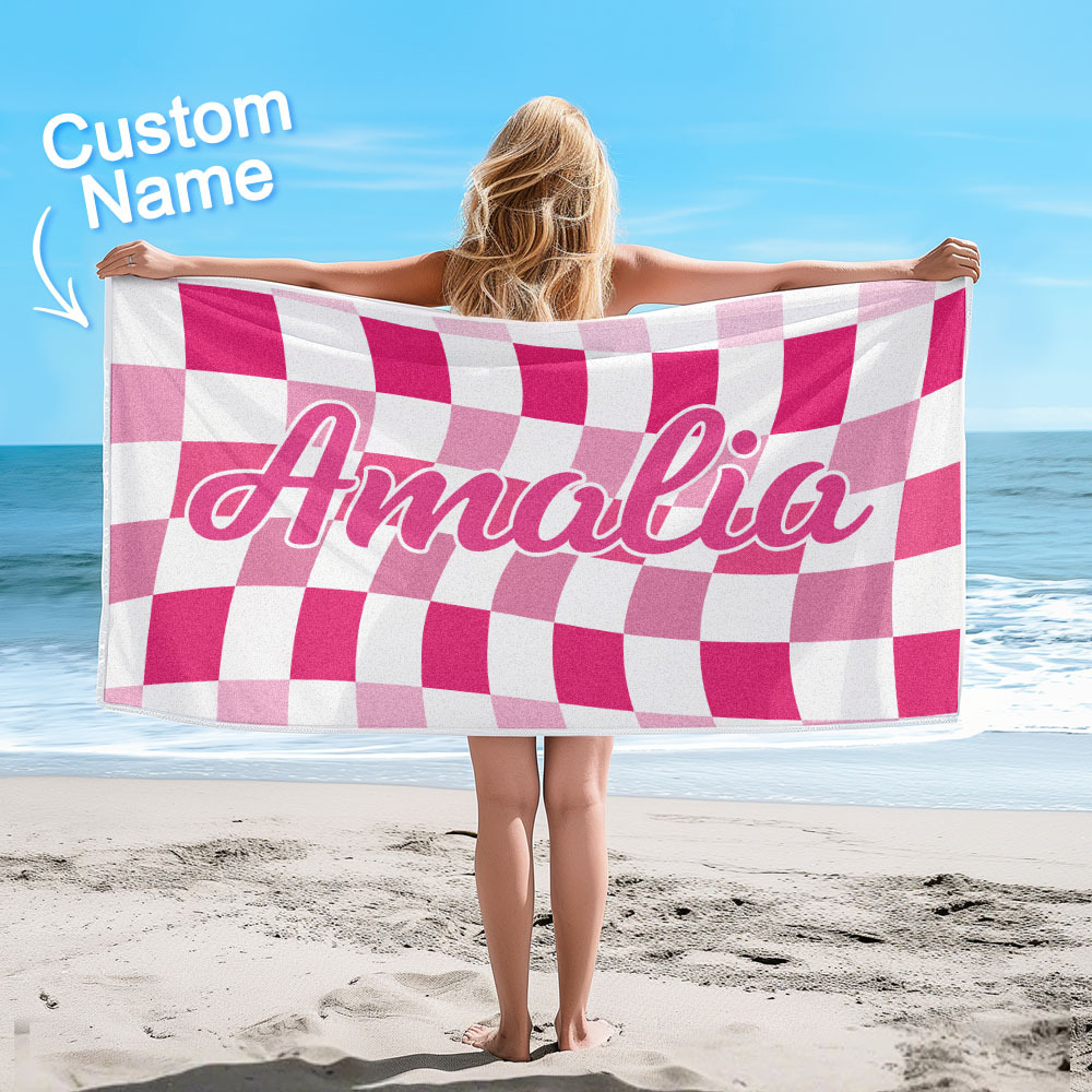 Custom Beach Towel Personalized Name Plaid Swimming Towel Summer Holiday Gift - auphotoblanket