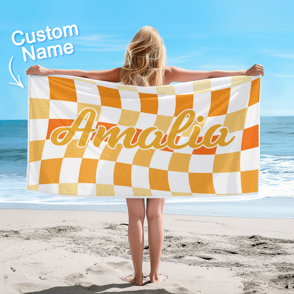 Custom Beach Towel Personalized Name Plaid Swimming Towel Summer Holiday Gift - auphotoblanket