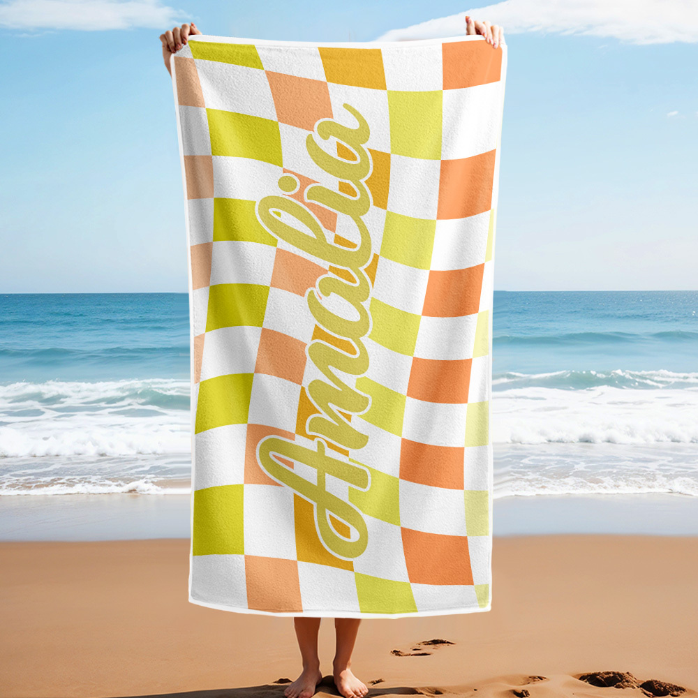Custom Beach Towel Personalized Name Plaid Swimming Towel Summer Holiday Gift - auphotoblanket