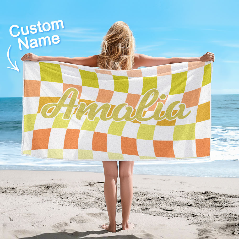 Custom Beach Towel Personalized Name Plaid Swimming Towel Summer Holiday Gift - auphotoblanket