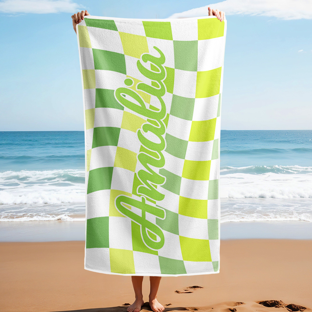 Custom Beach Towel Personalized Name Plaid Swimming Towel Summer Holiday Gift - auphotoblanket