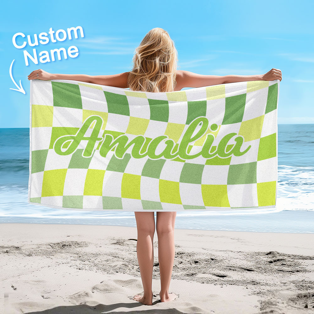 Custom Beach Towel Personalized Name Plaid Swimming Towel Summer Holiday Gift - auphotoblanket
