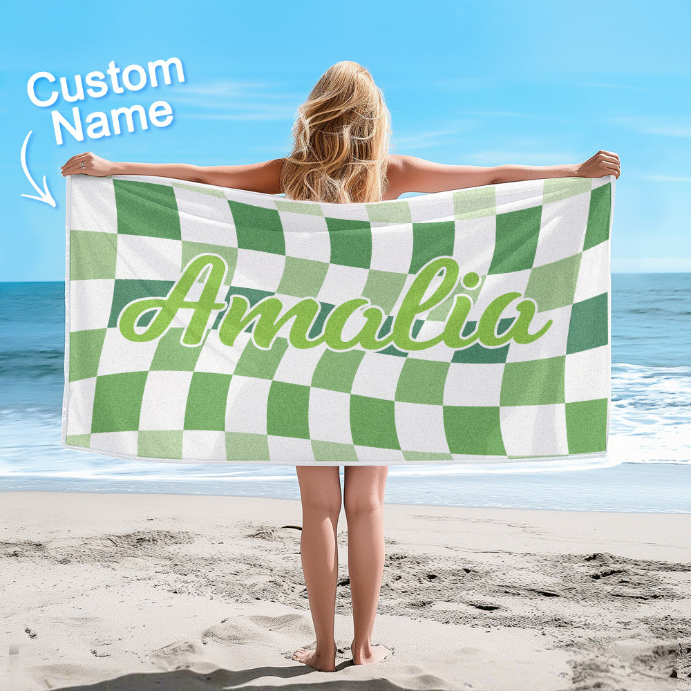 Custom Beach Towel Personalized Name Plaid Swimming Towel Summer Holiday Gift - auphotoblanket