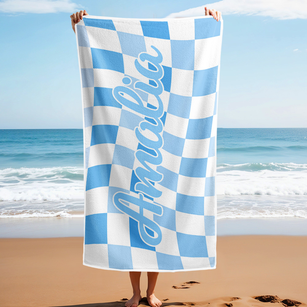 Custom Beach Towel Personalized Name Plaid Swimming Towel Summer Holiday Gift - auphotoblanket