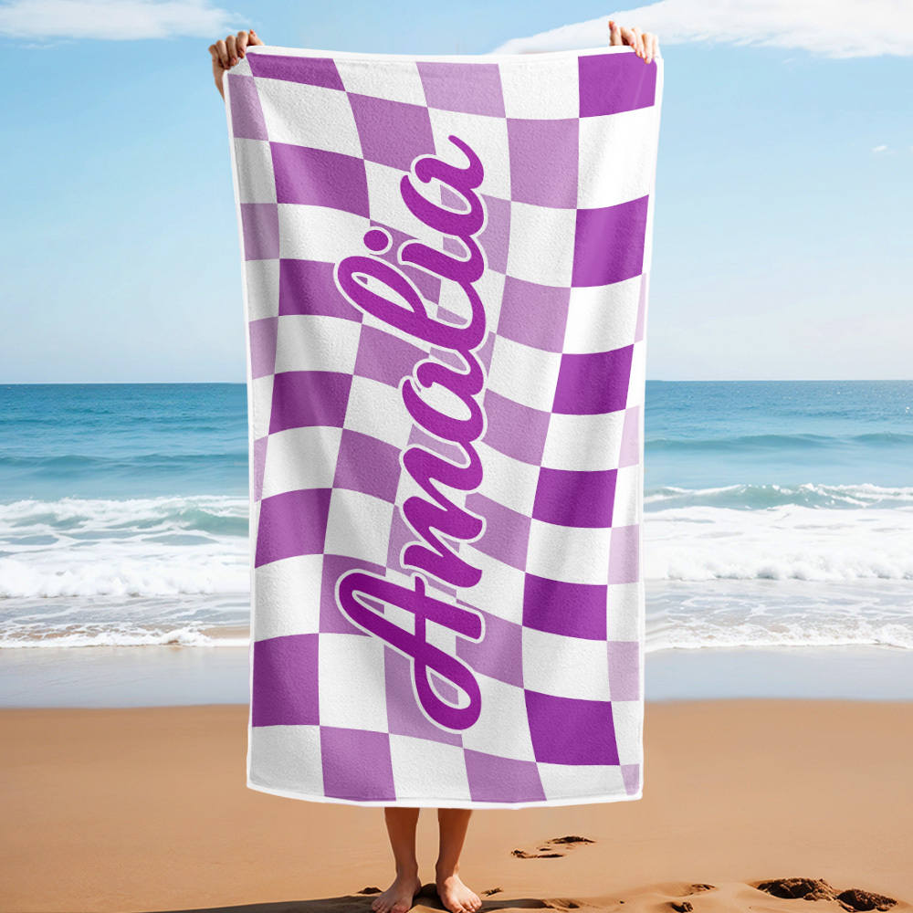 Custom Beach Towel Personalized Name Plaid Swimming Towel Summer Holiday Gift - auphotoblanket