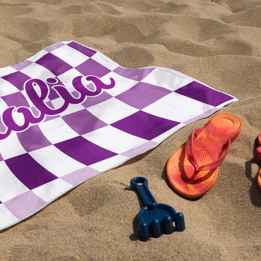 Custom Beach Towel Personalized Name Plaid Swimming Towel Summer Holiday Gift - auphotoblanket