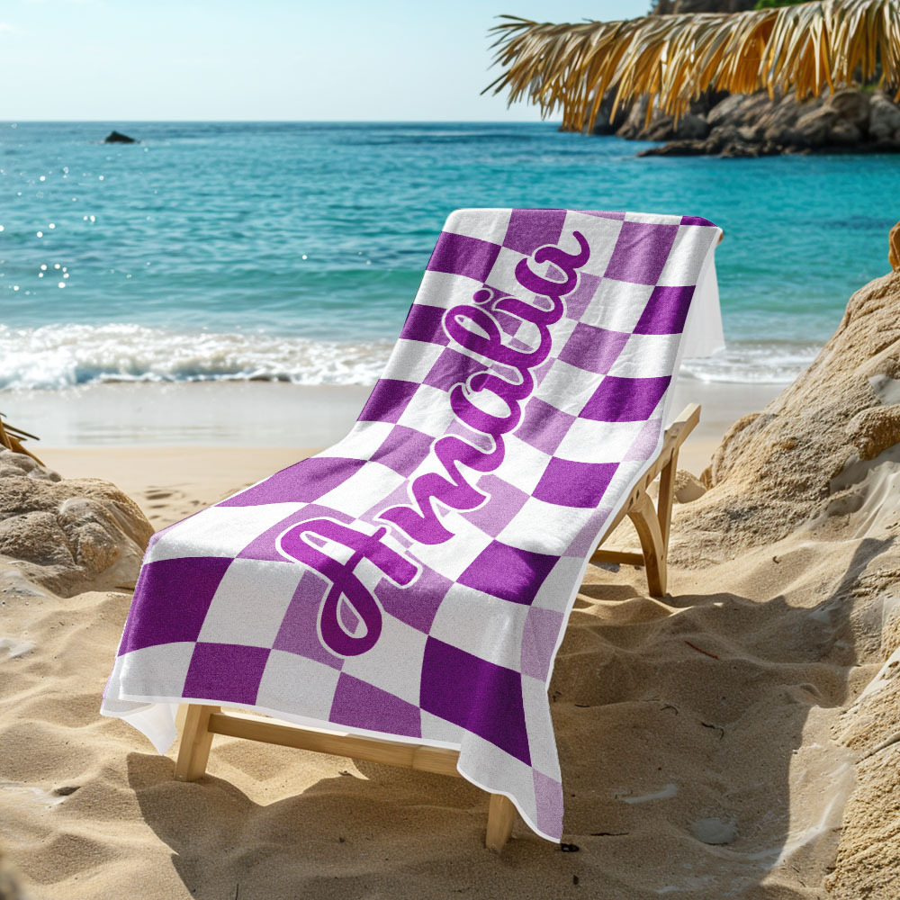 Custom Beach Towel Personalized Name Plaid Swimming Towel Summer Holiday Gift - auphotoblanket