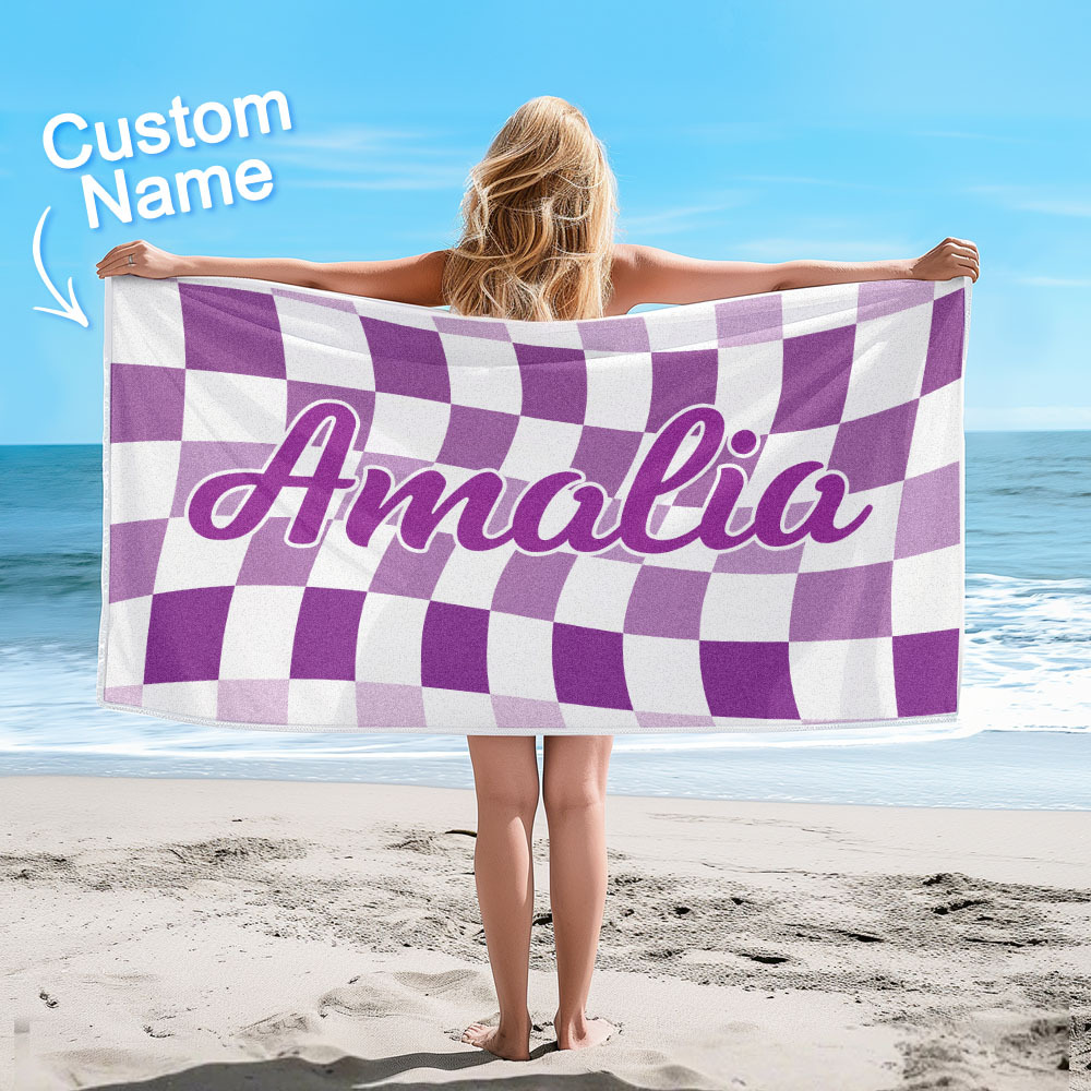 Custom Beach Towel Personalized Name Plaid Swimming Towel Summer Holiday Gift - auphotoblanket