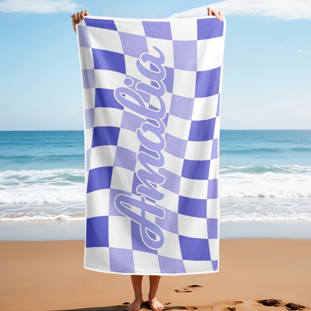 Custom Beach Towel Personalized Name Plaid Swimming Towel Summer Holiday Gift - auphotoblanket