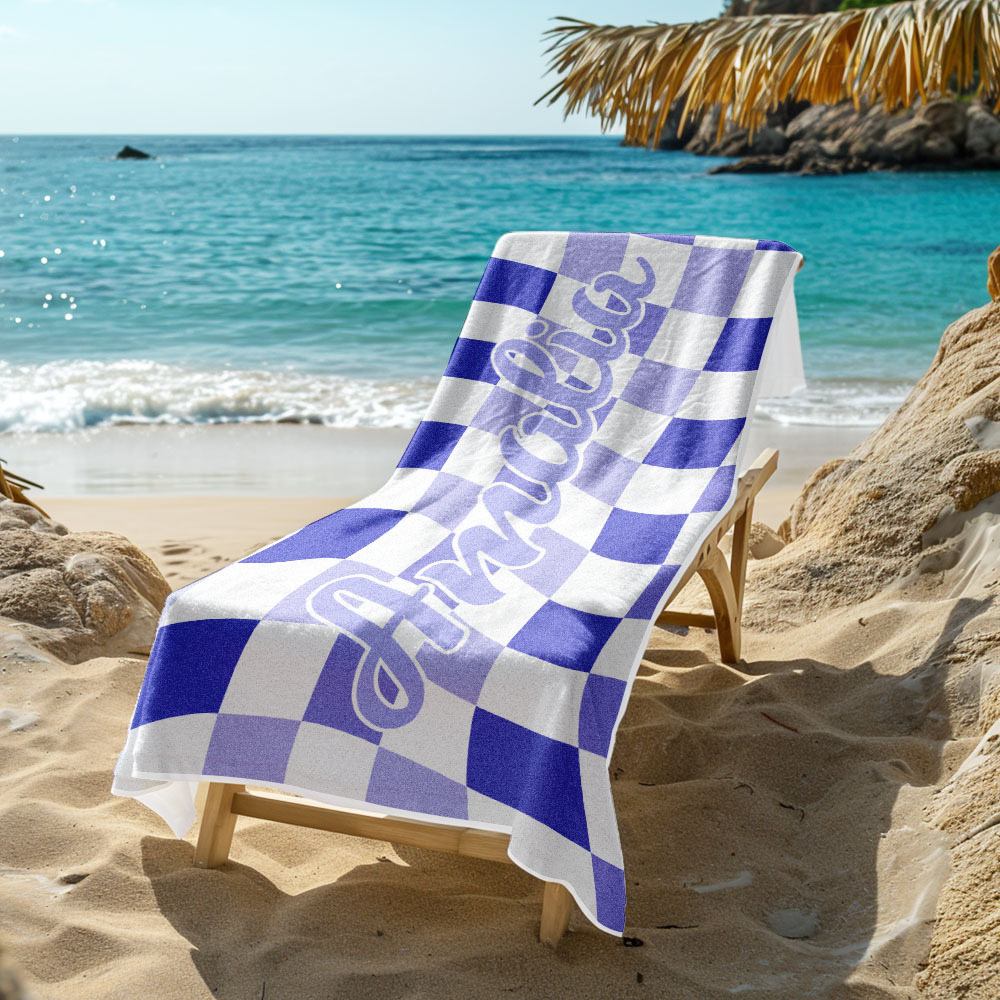 Custom Beach Towel Personalized Name Plaid Swimming Towel Summer Holiday Gift - auphotoblanket