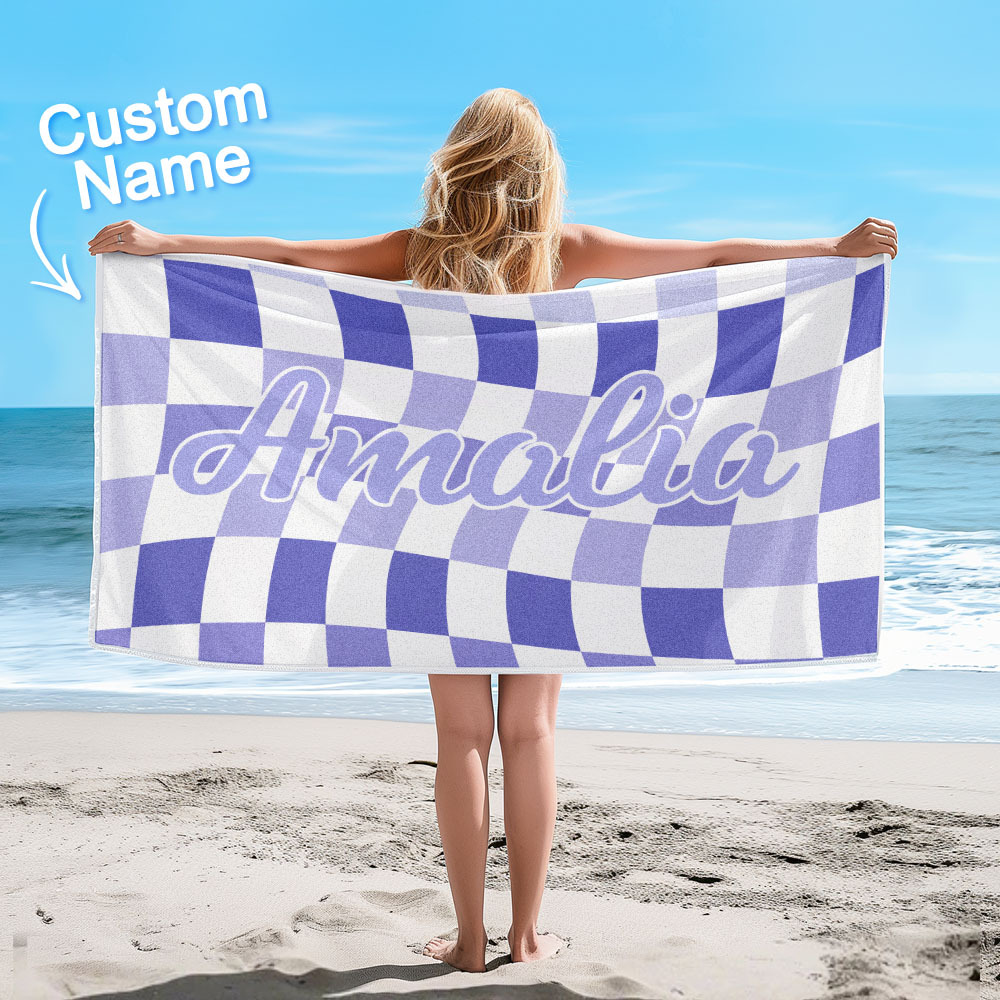 Custom Beach Towel Personalized Name Plaid Swimming Towel Summer Holiday Gift - auphotoblanket