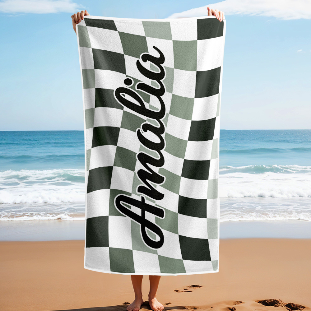 Custom Beach Towel Personalized Name Plaid Swimming Towel Summer Holiday Gift - auphotoblanket