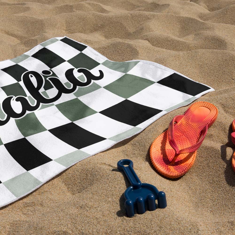 Custom Beach Towel Personalized Name Plaid Swimming Towel Summer Holiday Gift - auphotoblanket
