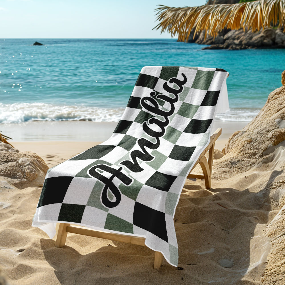 Custom Beach Towel Personalized Name Plaid Swimming Towel Summer Holiday Gift - auphotoblanket