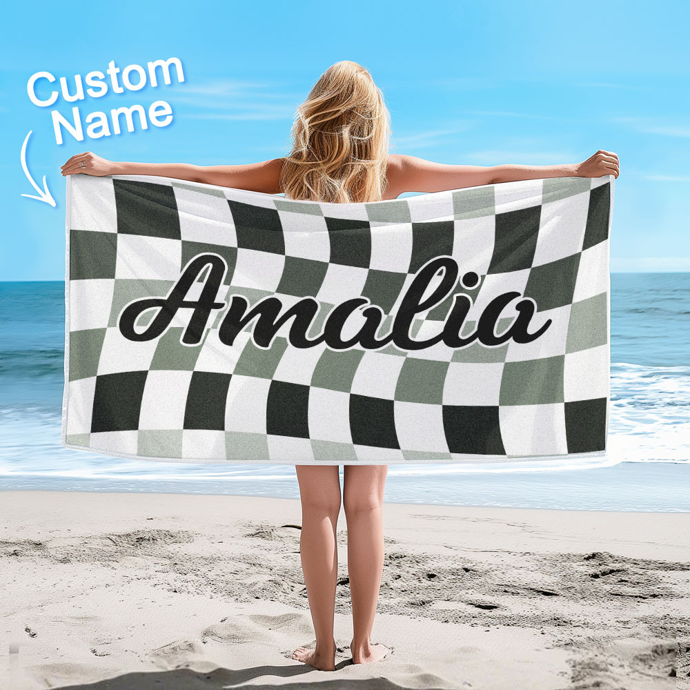 Custom Beach Towel Personalized Name Plaid Swimming Towel Summer Holiday Gift - auphotoblanket