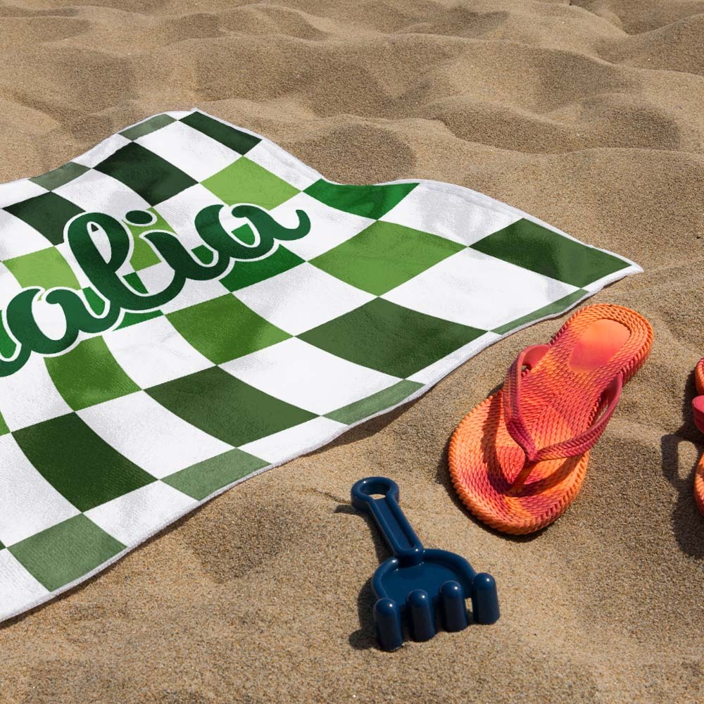 Custom Beach Towel Personalized Name Plaid Swimming Towel Summer Holiday Gift - auphotoblanket