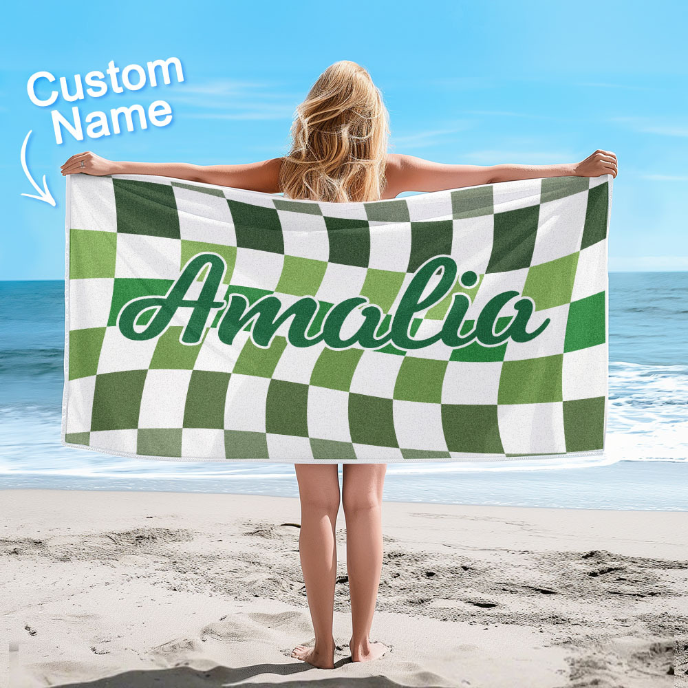 Custom Beach Towel Personalized Name Plaid Swimming Towel Summer Holiday Gift - auphotoblanket