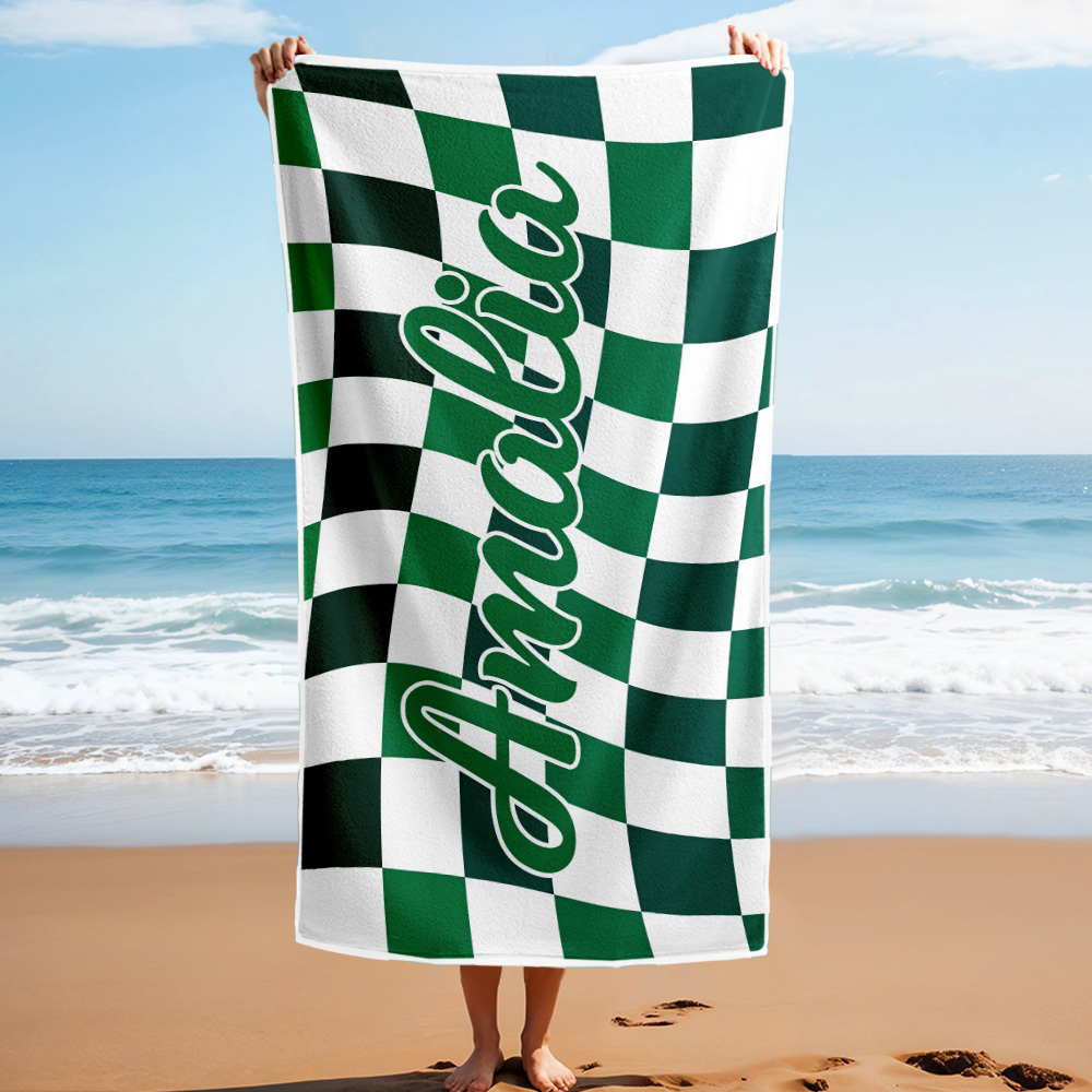 Custom Beach Towel Personalized Name Plaid Swimming Towel Summer Holiday Gift - auphotoblanket