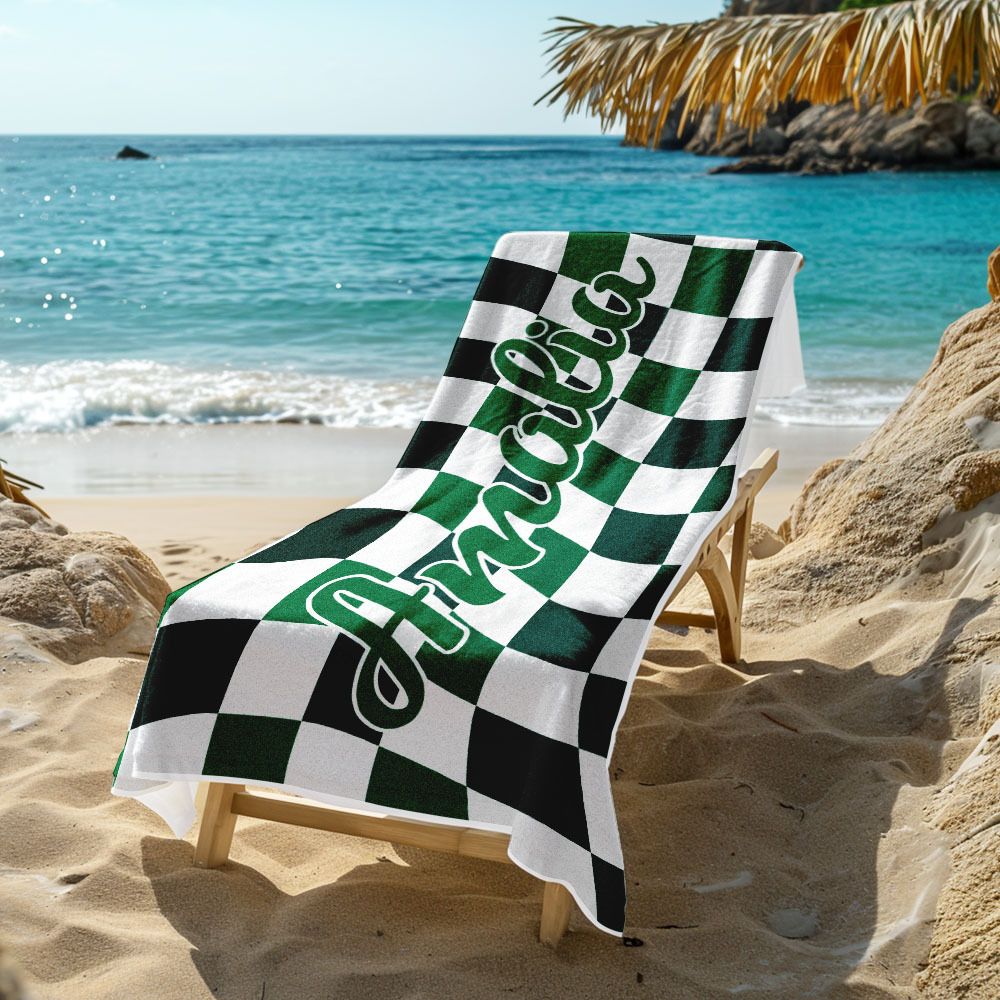 Custom Beach Towel Personalized Name Plaid Swimming Towel Summer Holiday Gift - auphotoblanket