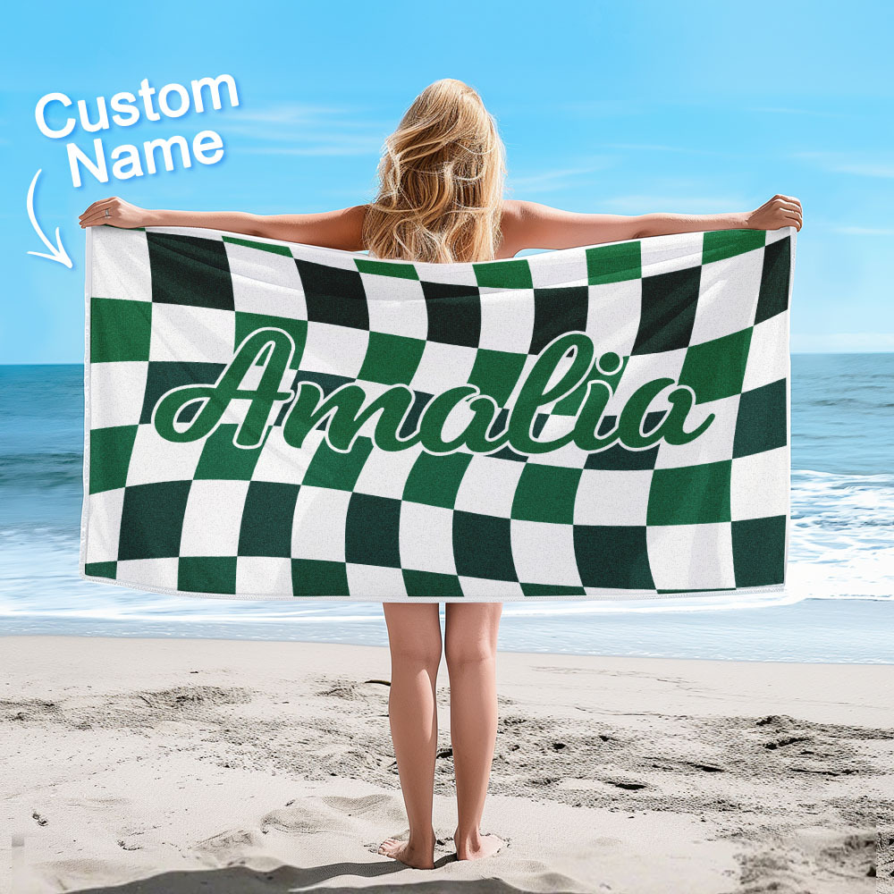 Custom Beach Towel Personalized Name Plaid Swimming Towel Summer Holiday Gift - auphotoblanket