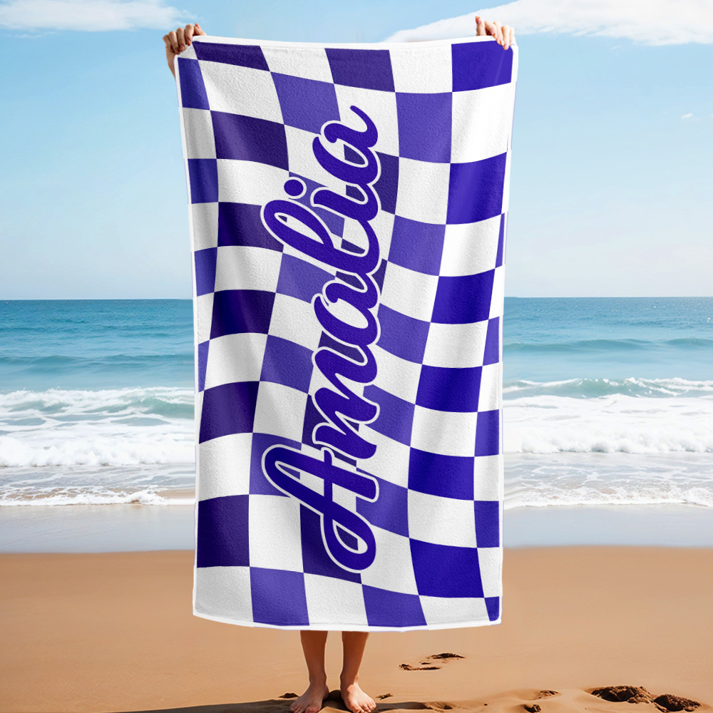 Custom Beach Towel Personalized Name Plaid Swimming Towel Summer Holiday Gift - auphotoblanket