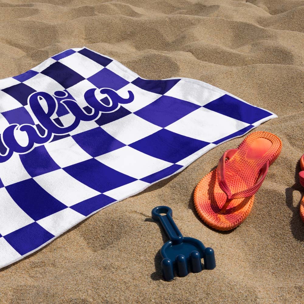 Custom Beach Towel Personalized Name Plaid Swimming Towel Summer Holiday Gift - auphotoblanket