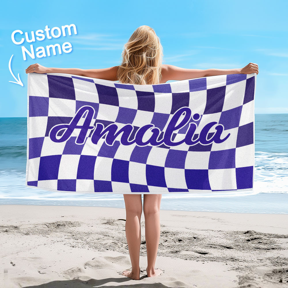 Custom Beach Towel Personalized Name Plaid Swimming Towel Summer Holiday Gift - auphotoblanket