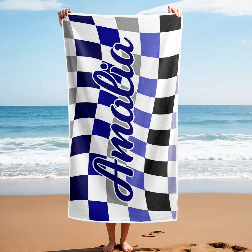 Custom Beach Towel Personalized Name Plaid Swimming Towel Summer Holiday Gift - auphotoblanket
